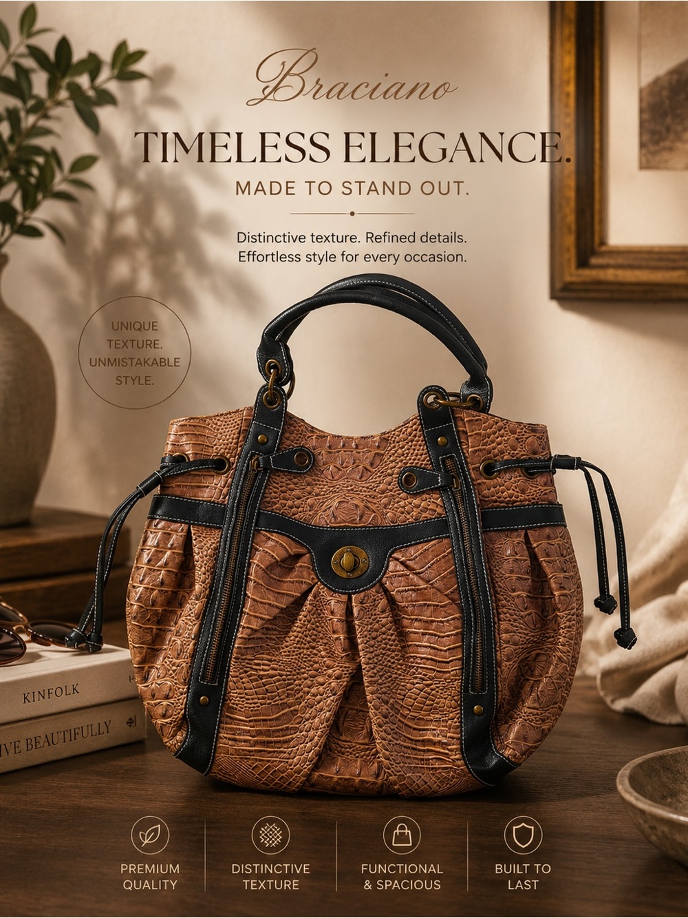 Braciano Brown Croc-Embossed Shoulder Bag with Black Trim